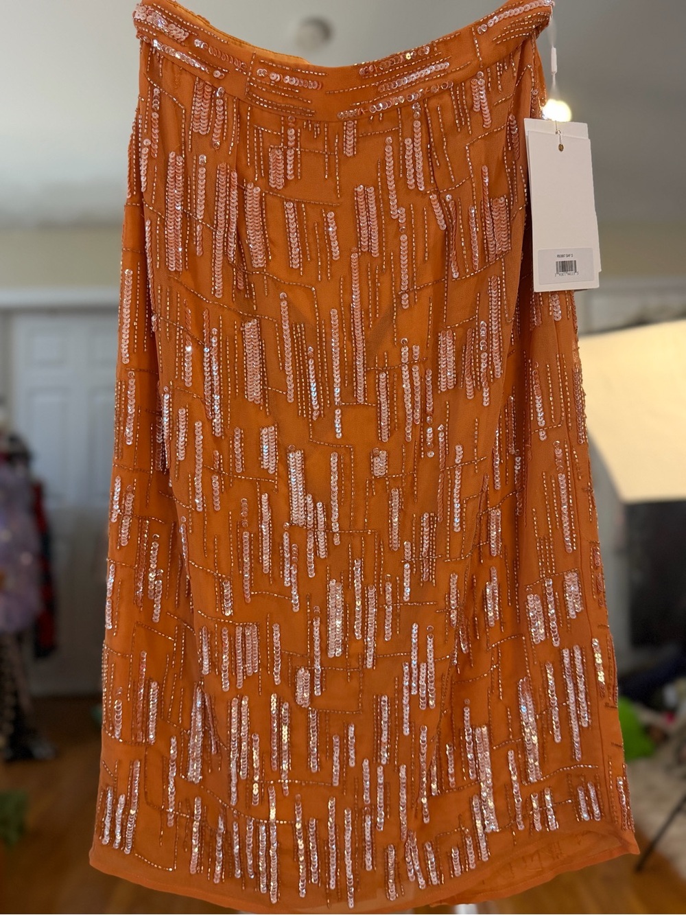 MAC DUGGAL Abstract Beaded Midi Shealth Skirt in Saffron ~ NWT Size 4